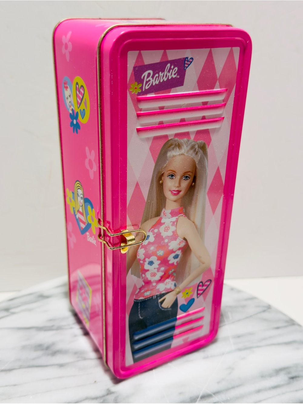 Vintage Pink Barbie School Locker Metal Tin 2001 Mattel Frankford Carmel Popcorn